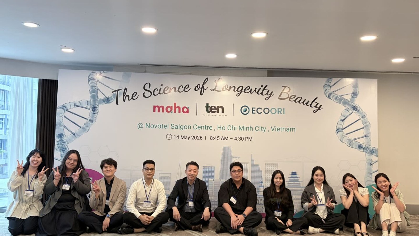 Ecoori, Maha and TEN team at The Science of Longevity Beauty seminar backdrop