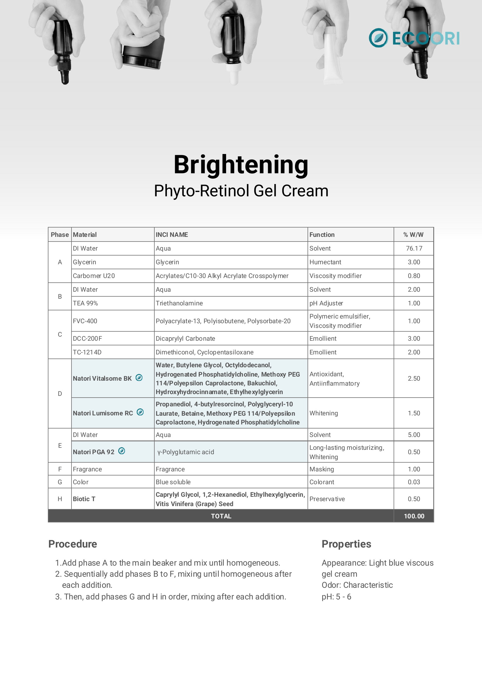 Brightening Phyto Retinol Gel Cream formulation guide by Ecoori