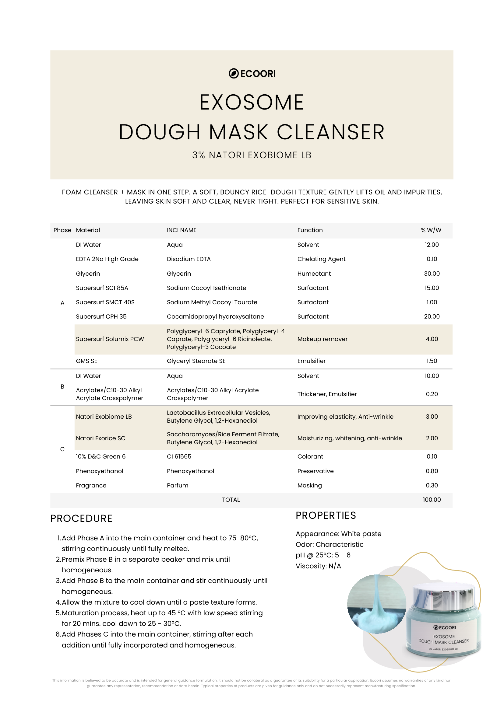Exosome Dough Mask Cleanser formulation guide by Ecoori