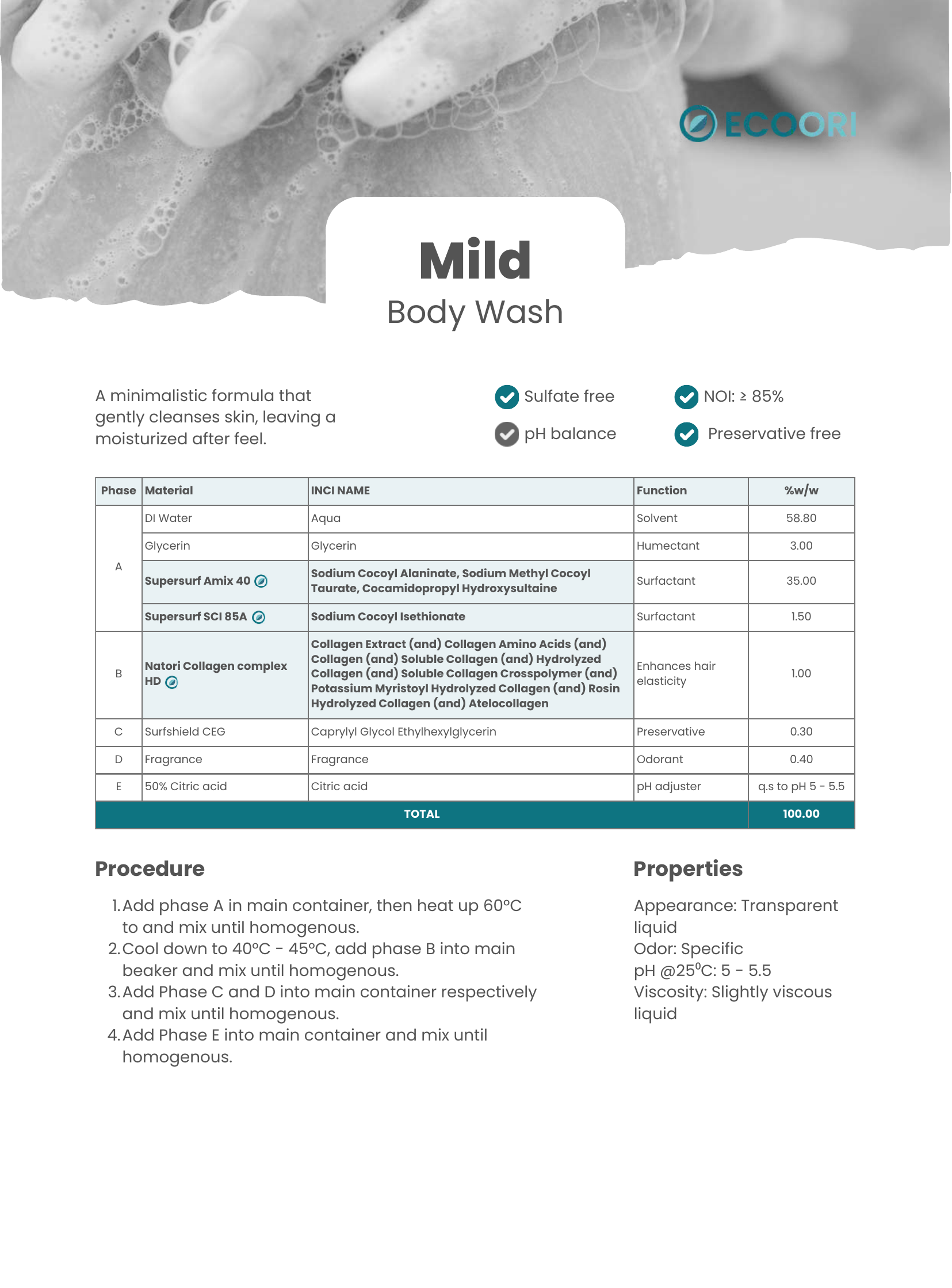 Mild Body Wash formulation guide by Ecoori