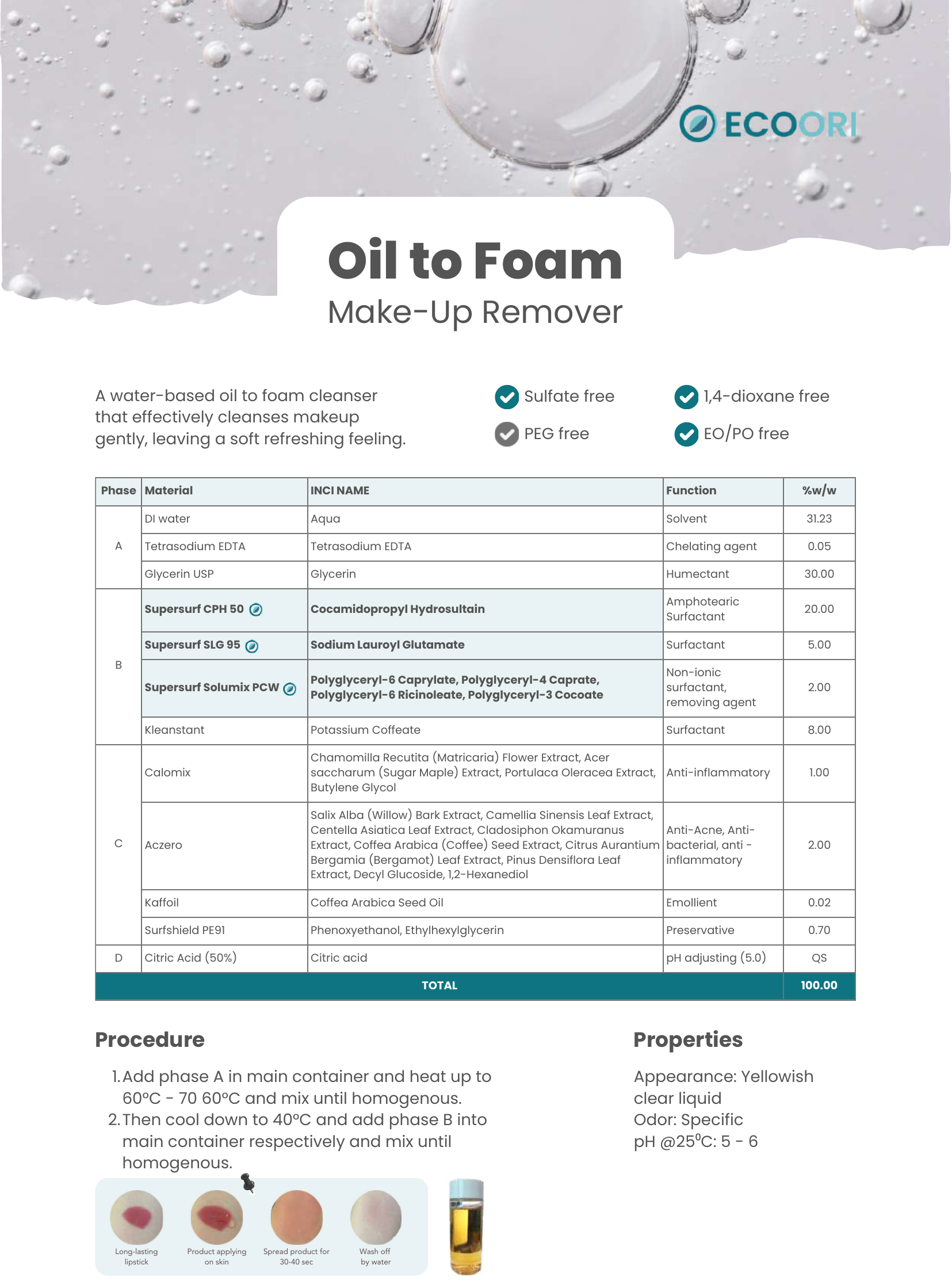 Oil to Foam Make Up Remover formulation guide by Ecoori
