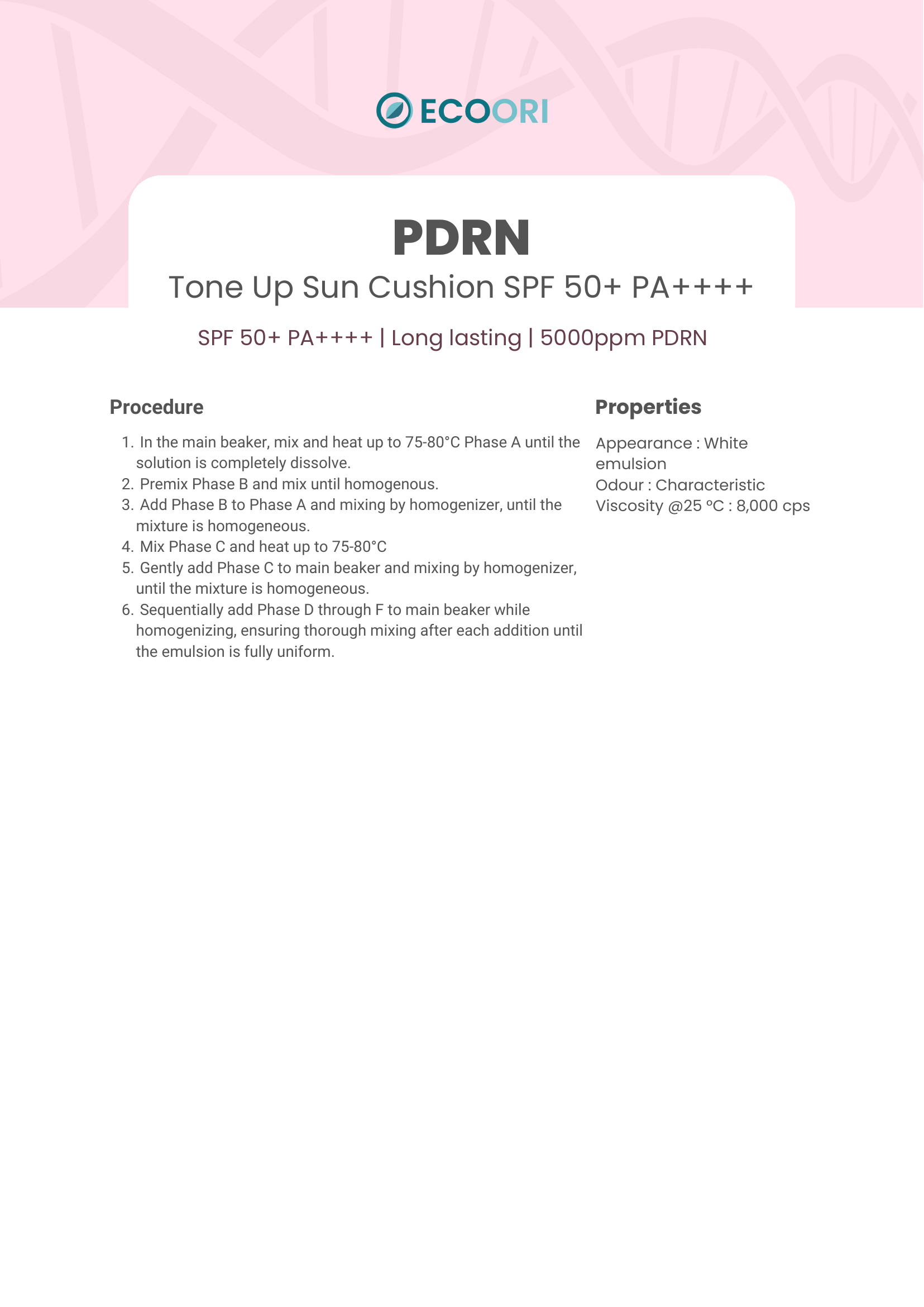 PDRN Tone Up Sun Cushion SPF50+ PA++++ formulation guide by Ecoori