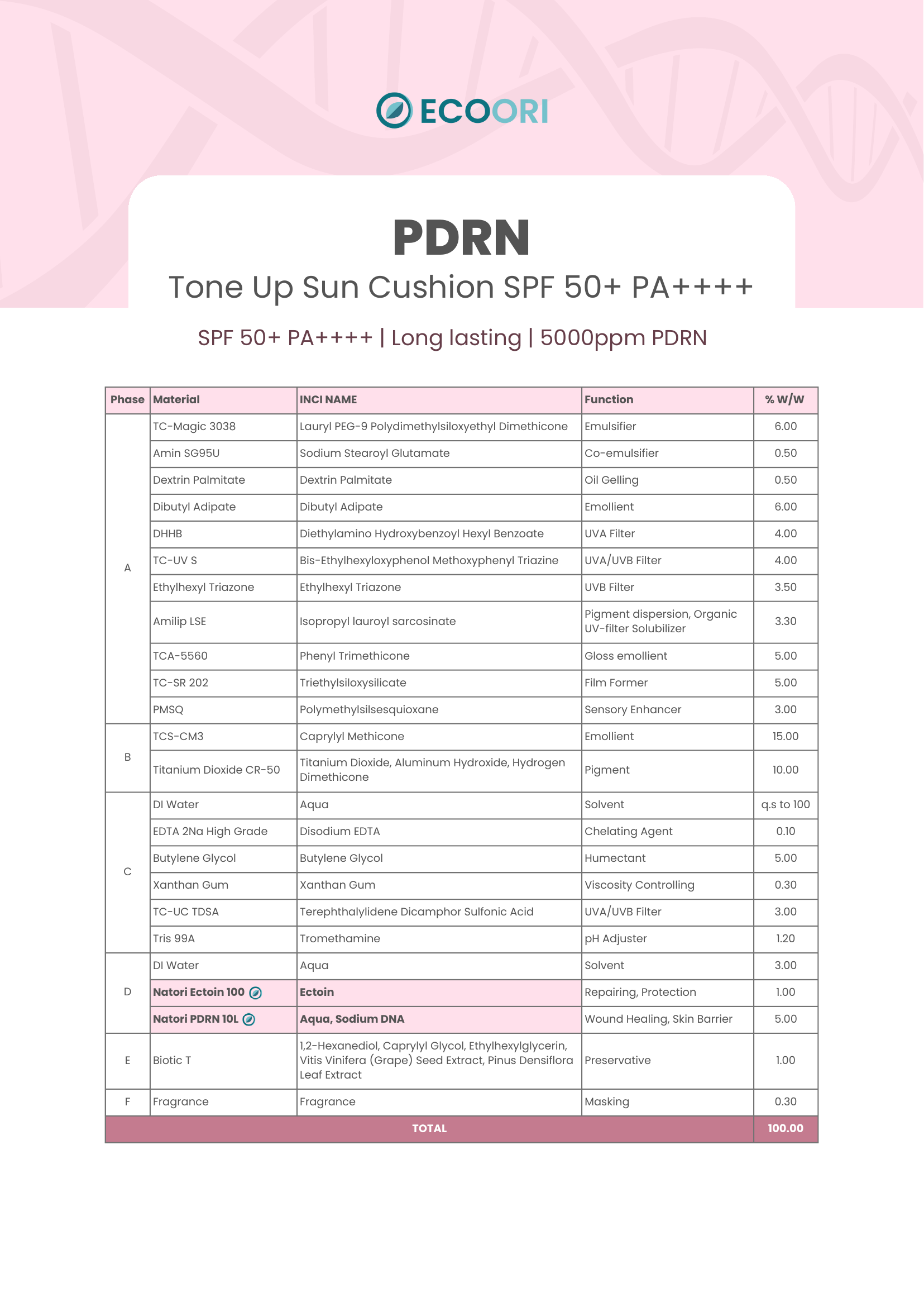 PDRN Tone Up Sun Cushion SPF50+ PA++++ formulation guide by Ecoori