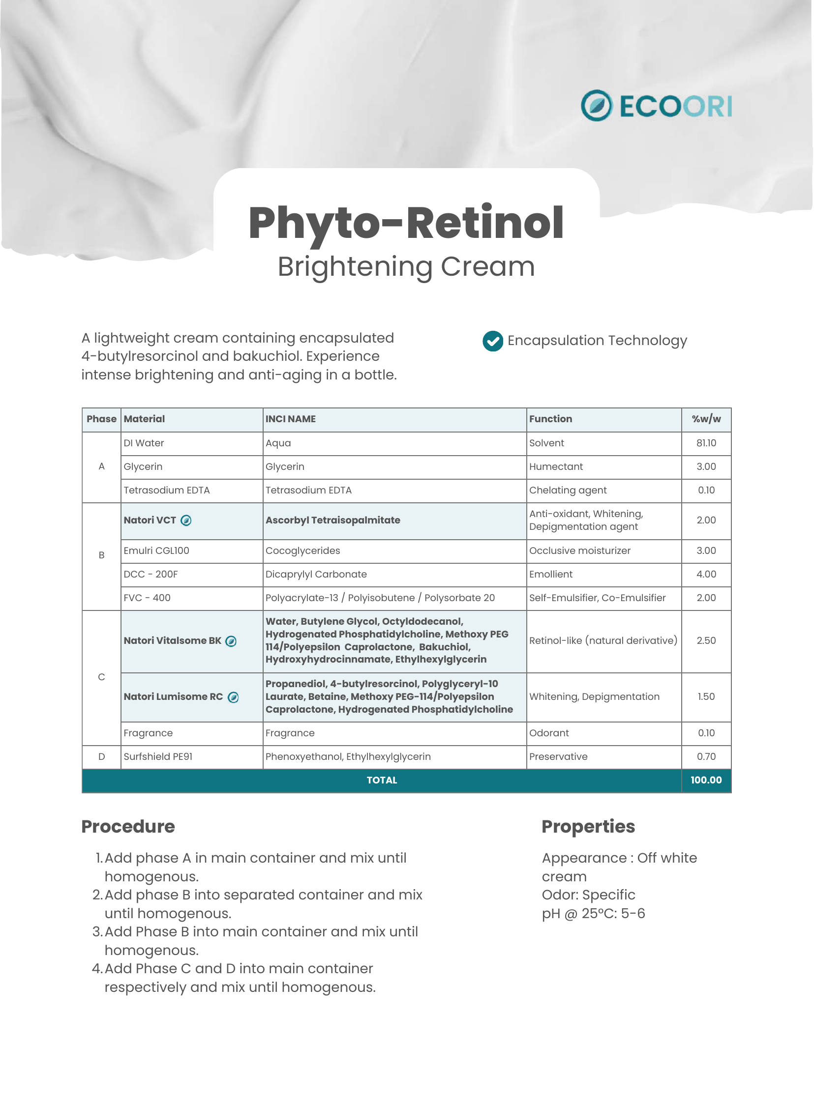 Phyto Retinol Brightening Cream formulation guide by Ecoori